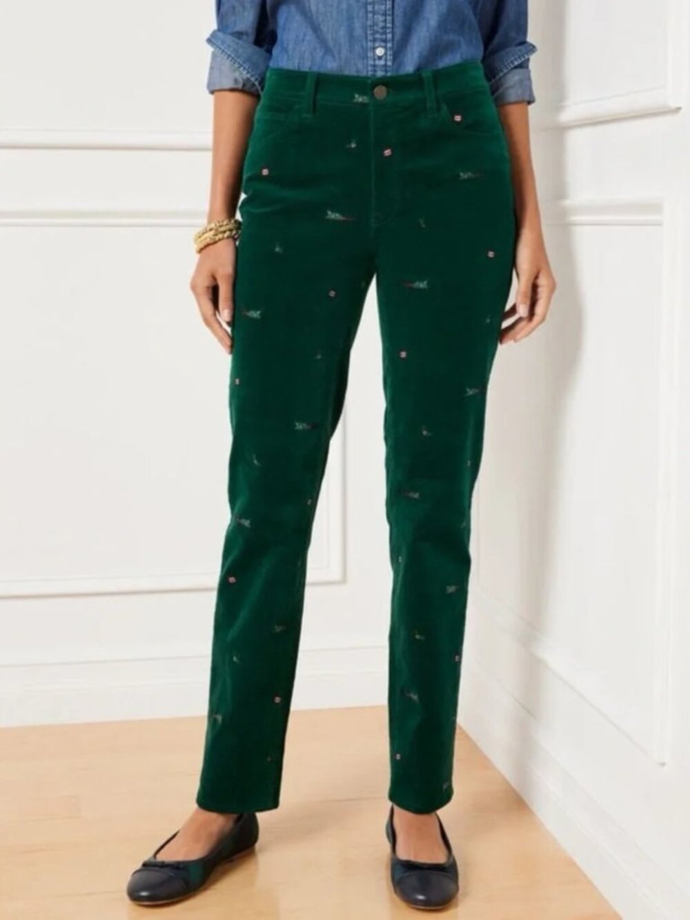 NEW Talbots Stretch Corduroy Straight Leg Pant in Embroidered Christmas Cheer 4P